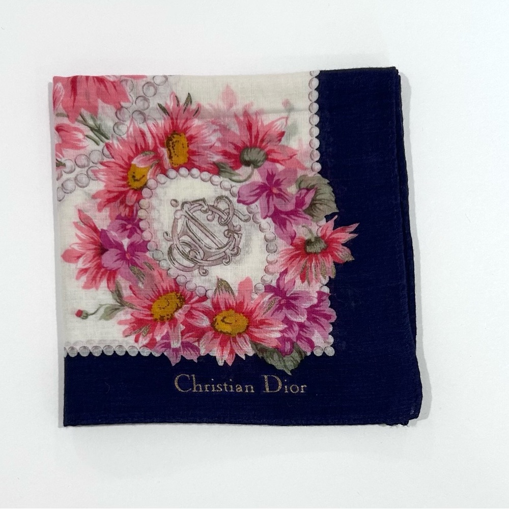 WOMEN HANDKERCHIEF CHRISTIAN DIOR Pink Purple Floral Mini Scarf COTTON 18” - Picture 2 of 6